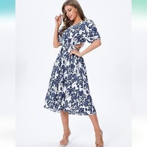 SweatyRocks Women's Blue‎ & White Floral Puff Sleeve Cut Out Tie Back Midi Dress